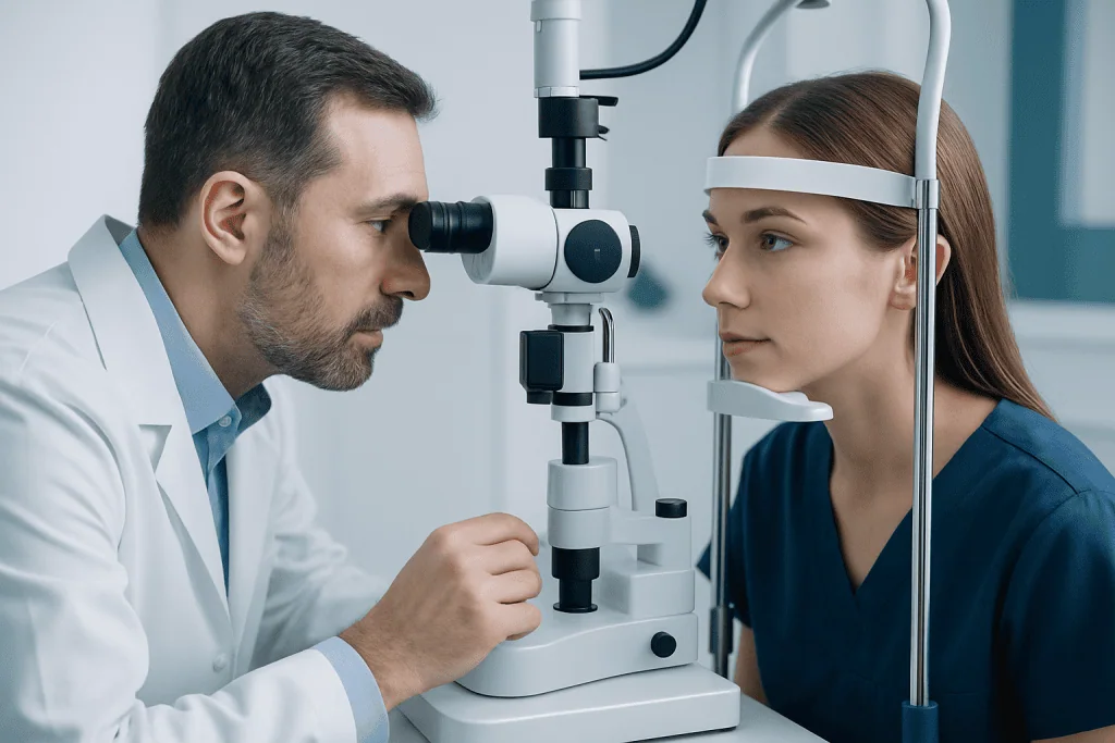 Ophthalmologist examining a patient's eye with a slit lamp at Acibadem Hospital.