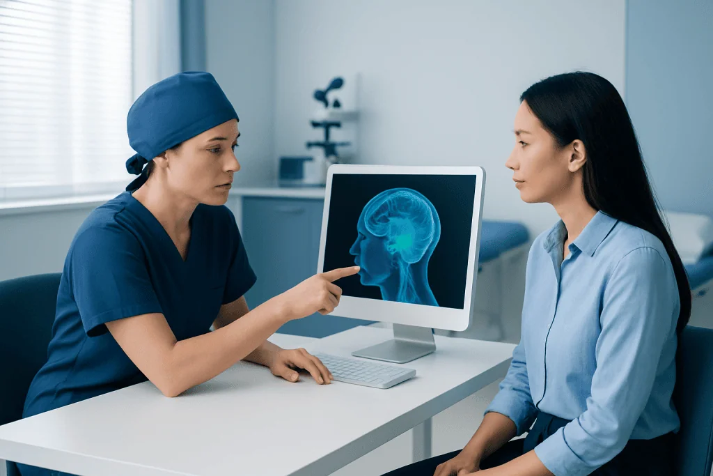 Medical professional explains brain scan to patient in clinic.