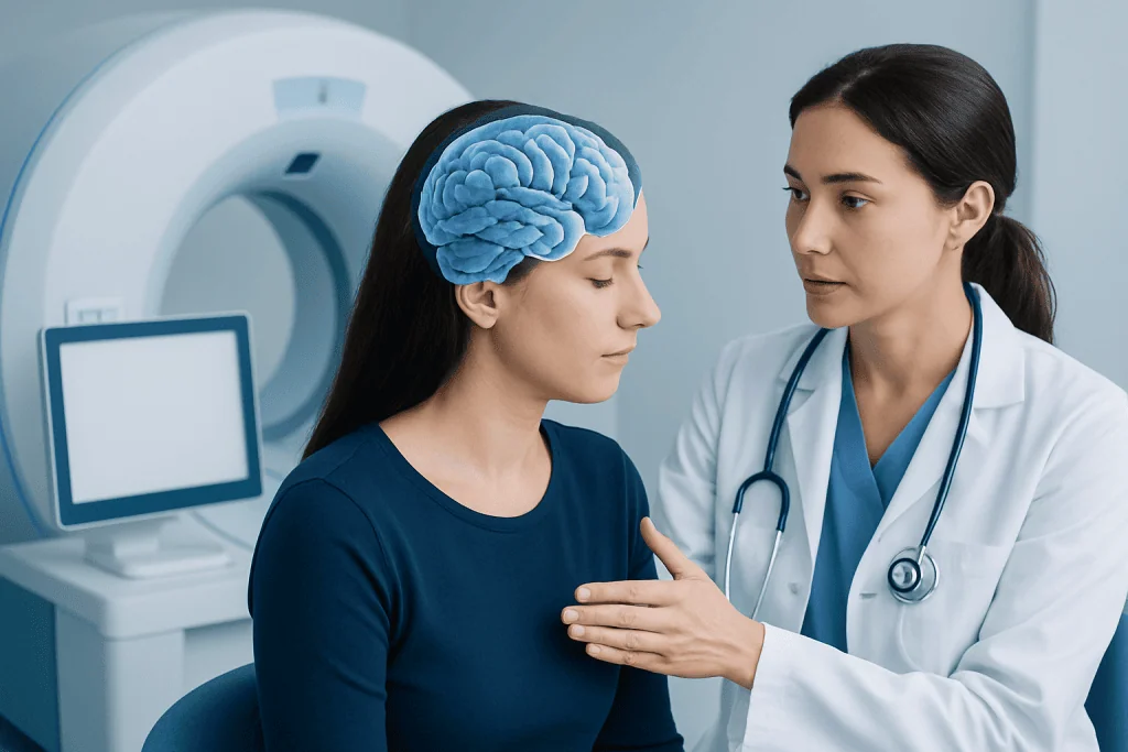 Medical professional explains brain scan to patient with brain model.