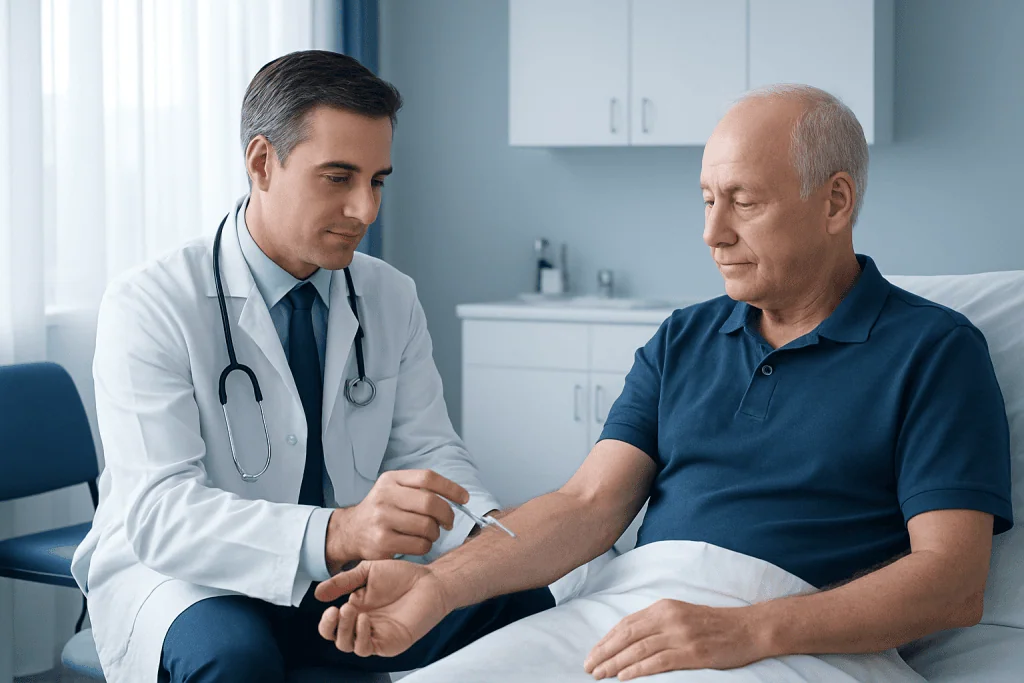 Doctor performing Tensilon test on patient in hospital setting.