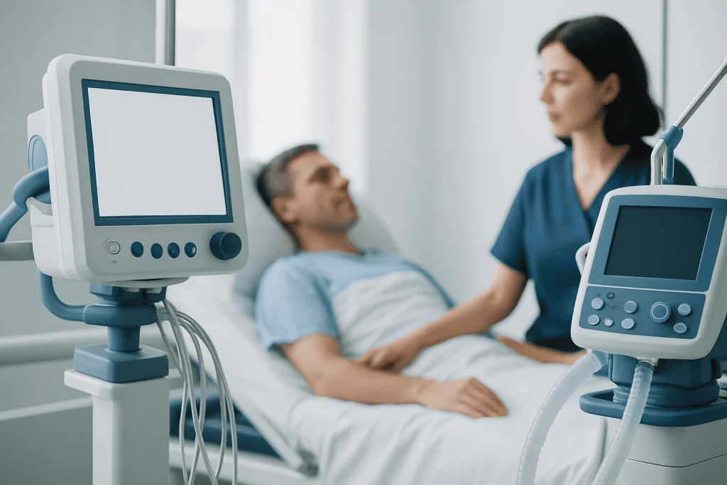 Doctor consulting with patient in hospital room with medical equipment.