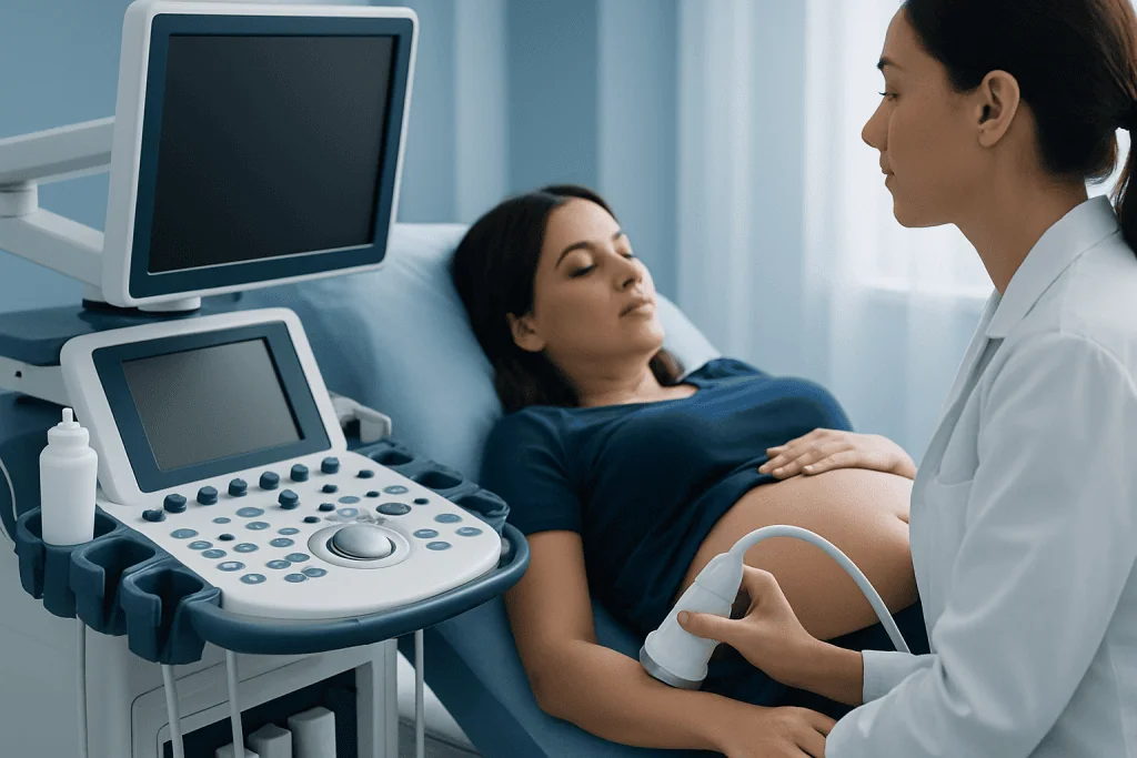 Pregnant woman undergoing ultrasound examination at a hospital.