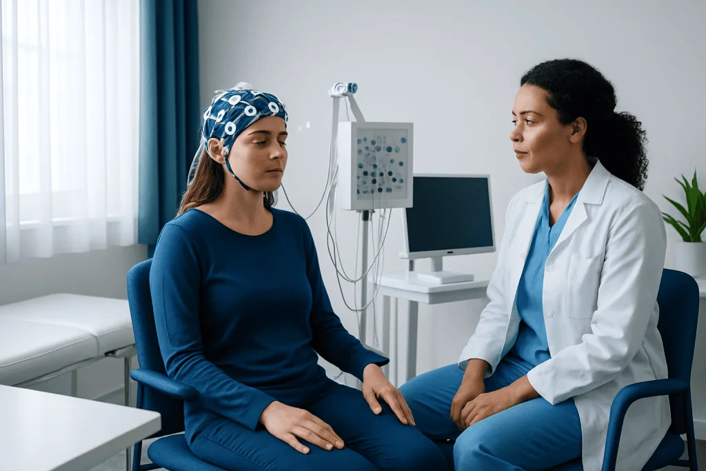 Patient undergoing an EEG test in a medical clinic at Acibadem Hospitals.