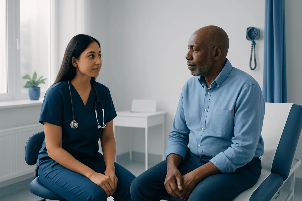 Doctor consulting with a patient in a medical office setting.