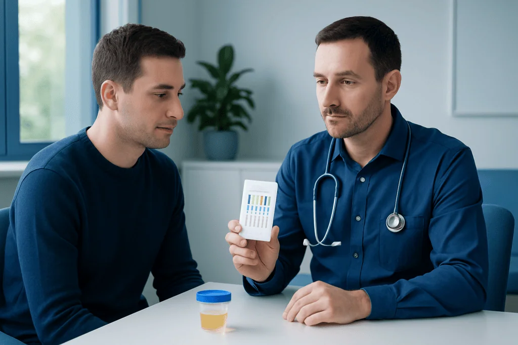 Doctor explaining drug test results to patient in clinic setting.
