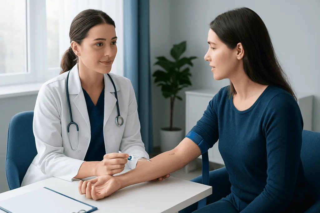 Doctor taking blood sample from patient in a medical consultation room.