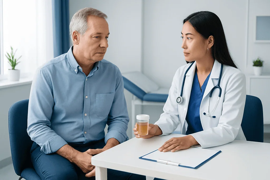 Doctor explaining urine test results to male patient in clinic.