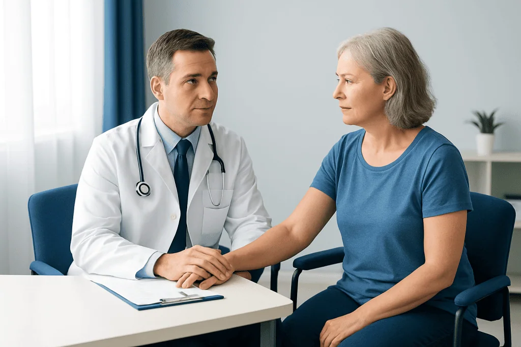 Doctor consulting with an elderly female patient in a medical office.