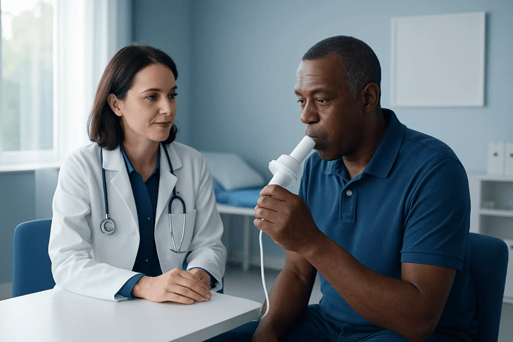 Doctor performing spirometry test on patient in medical consultation room.
