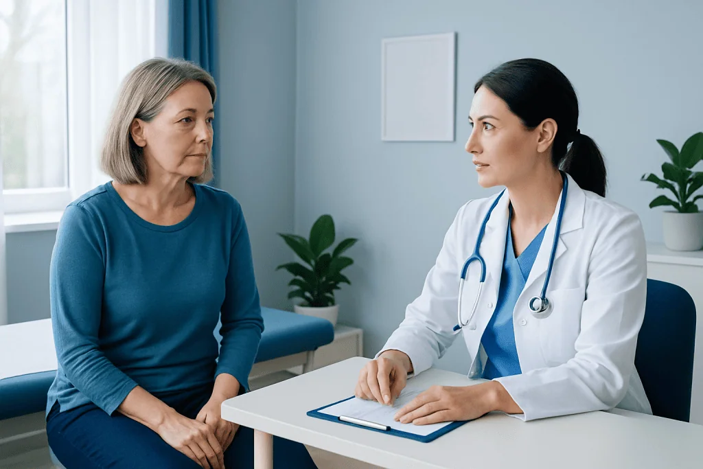 Doctor consulting with a female patient in a medical office setting.