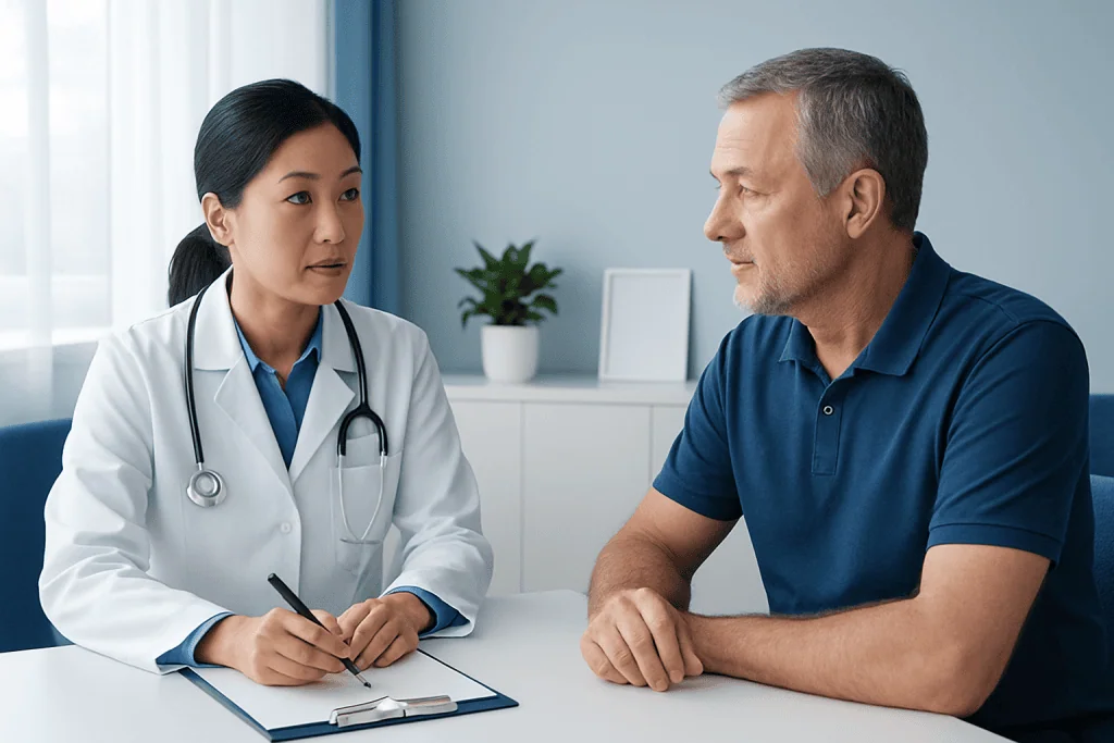 Doctor consulting with male patient in a modern hospital setting.