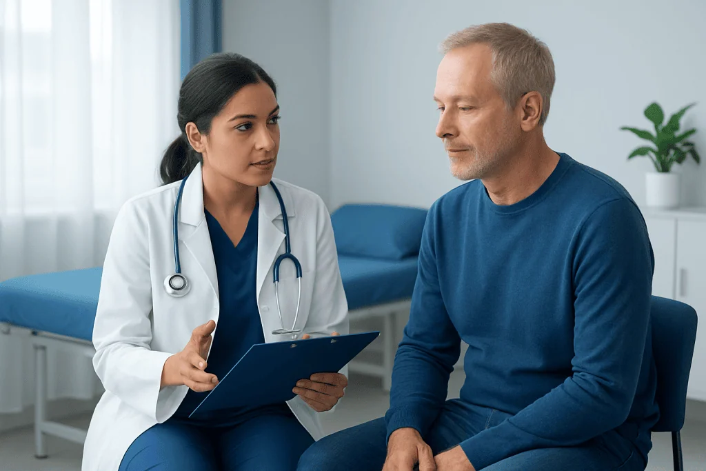 Doctor consulting with a male patient in a medical office setting.