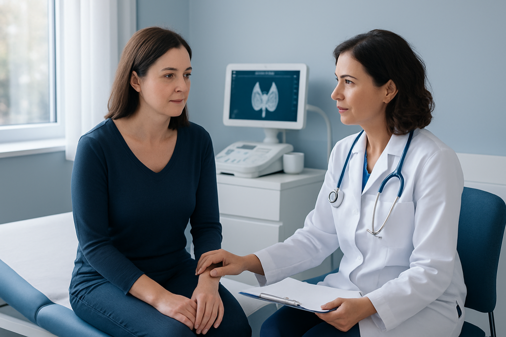 Doctor consulting with a patient in a medical office with thyroid scan on monitor.