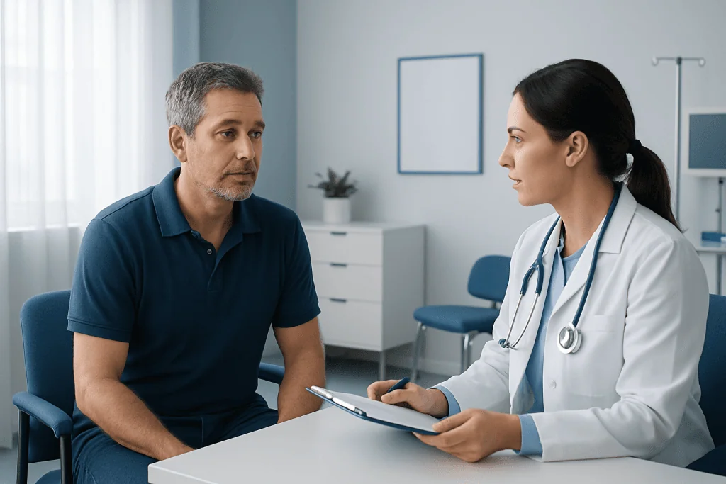 Doctor consulting with a male patient in a medical office setting.