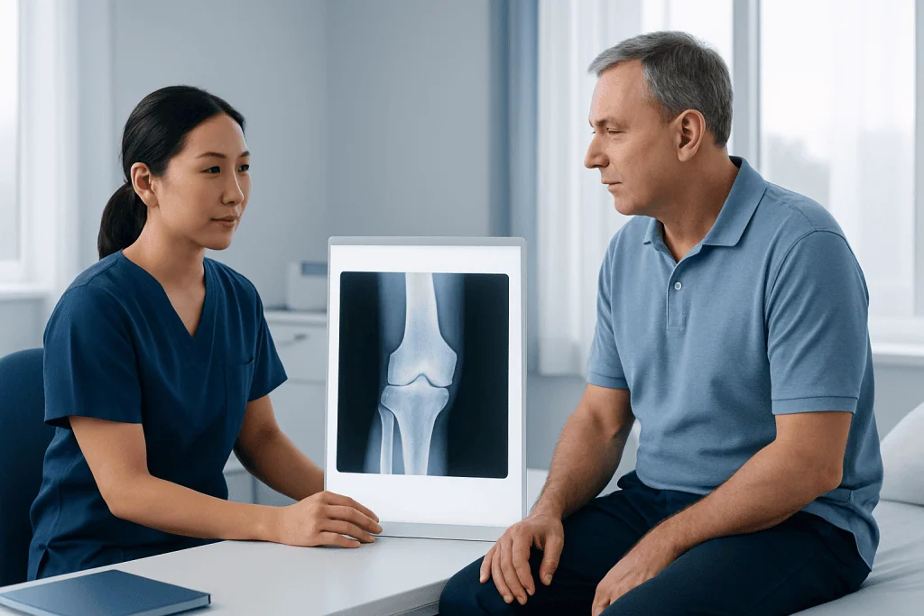 Doctor explaining knee X-ray to patient in a medical consultation room.