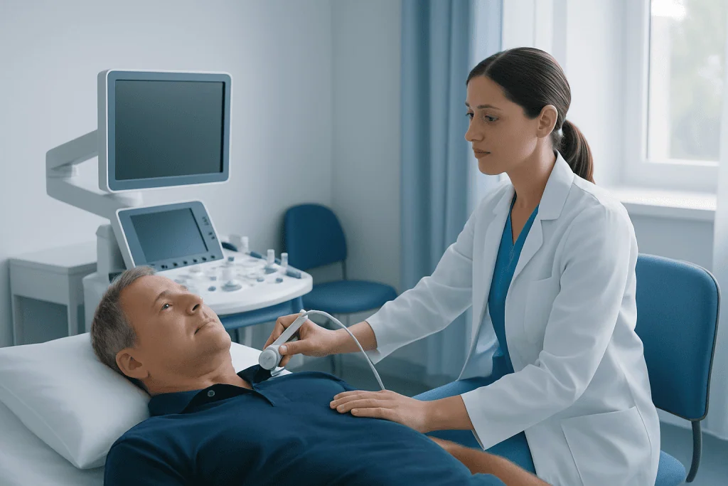 Doctor performing carotid ultrasound on male patient in hospital room.