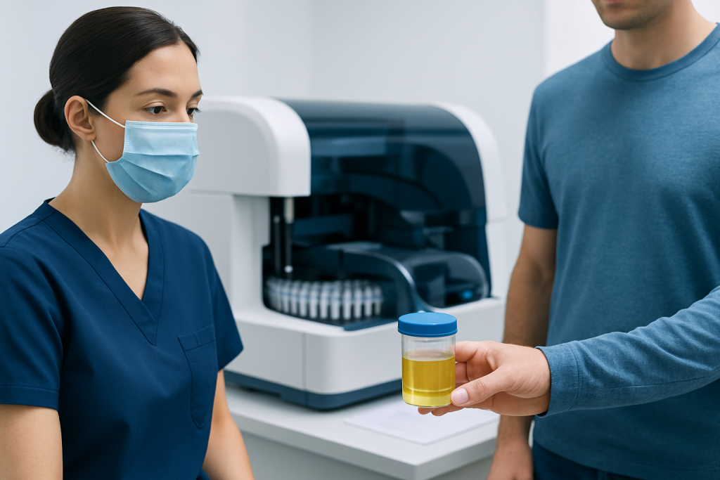 Urine sample collection for medical analysis at Acibadem Hospital.