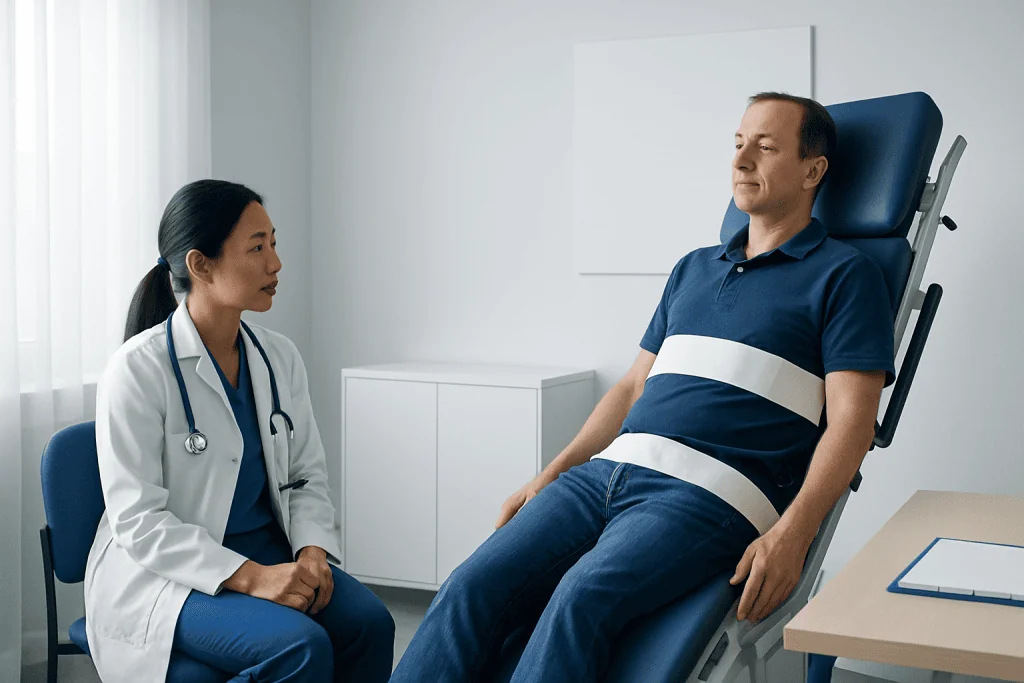 Patient undergoing tilt table test in a medical clinic setting.