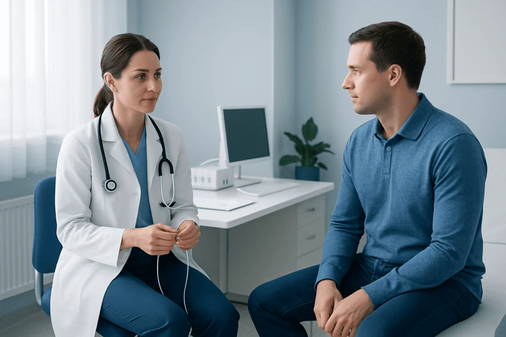 Doctor consulting patient in a medical office setting.