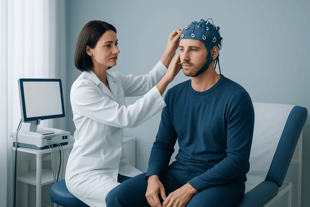 Doctor placing EEG cap on patient's head for brain activity test.