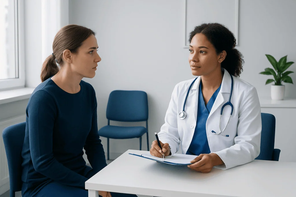 Doctor consulting with a patient in a modern medical office setting.