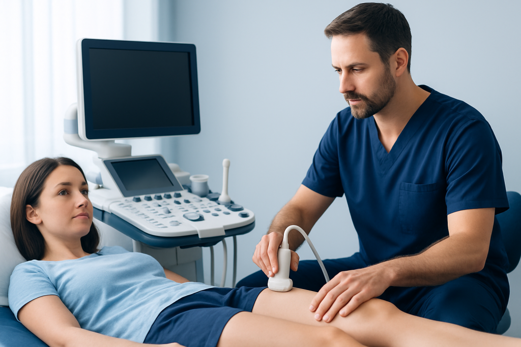 Doctor performing Thompson test on patient's knee in hospital setting.