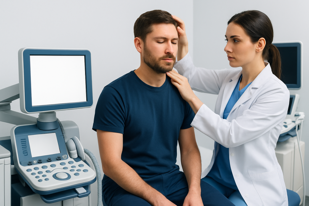 Doctor examining patient's neck during a medical consultation.
