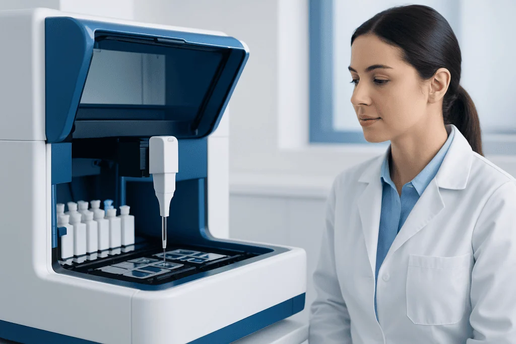 Laboratory technician using immunohistochemistry equipment at a hospital.