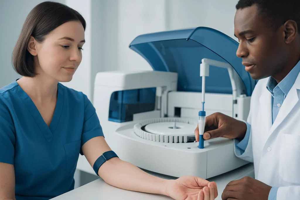 Medical professionals conducting blood test analysis at Acibadem Hospital.