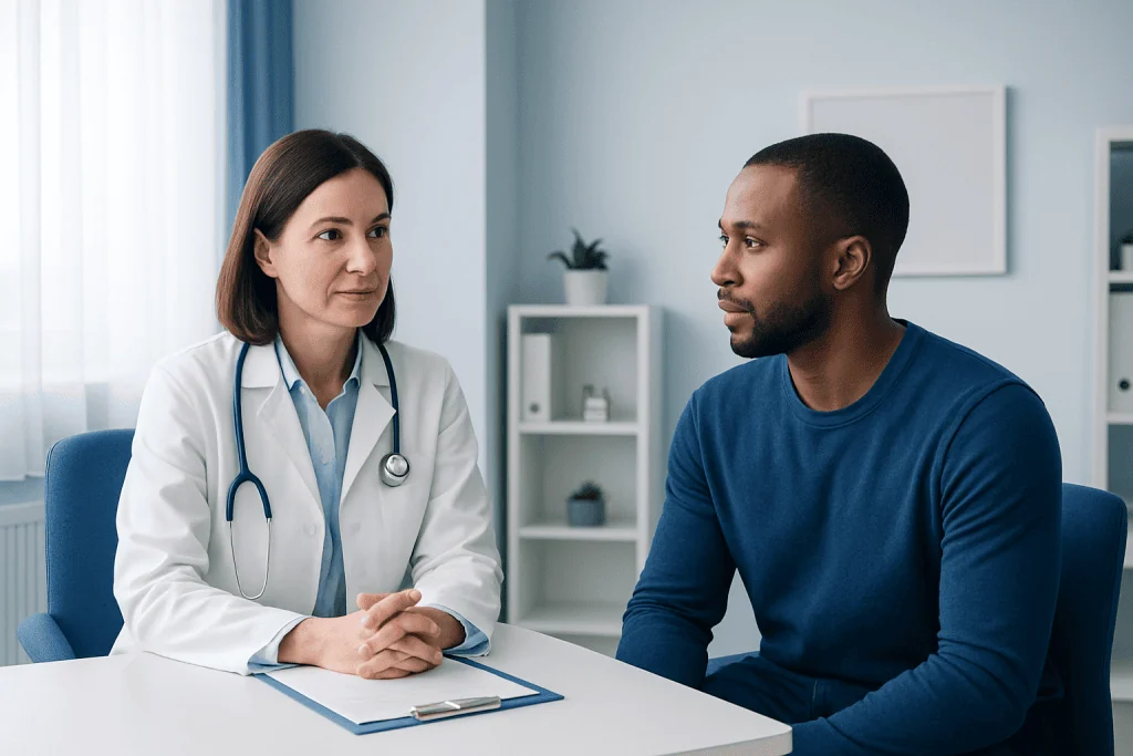 Doctor consulting with a patient in a modern medical office.