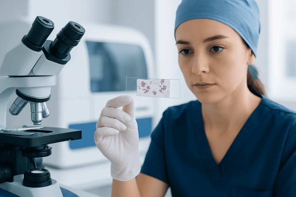 Laboratory technician examining a slide with bacteria under a microscope.