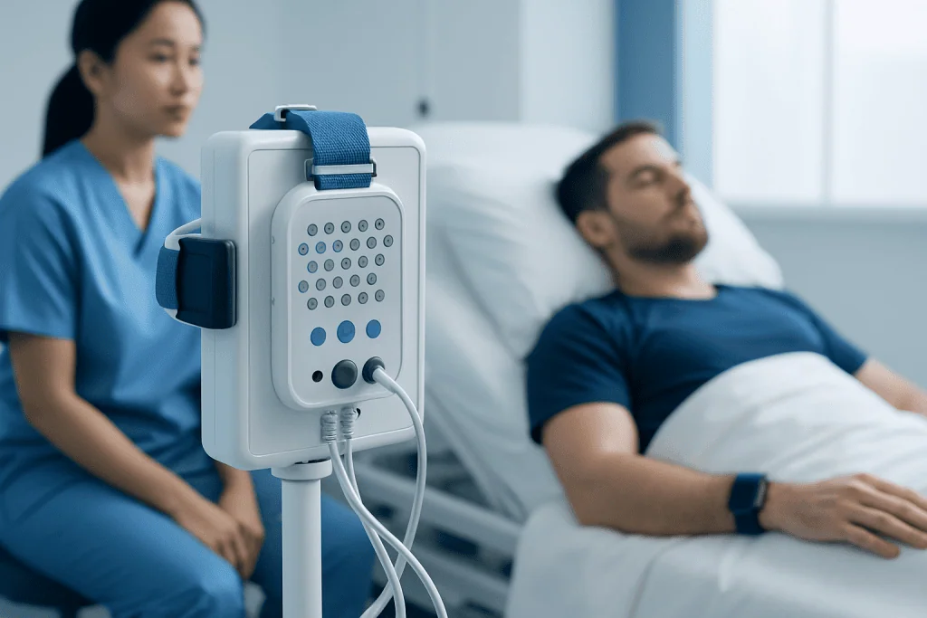 Patient undergoing actigraphy sleep monitoring with wearable device in hospital.