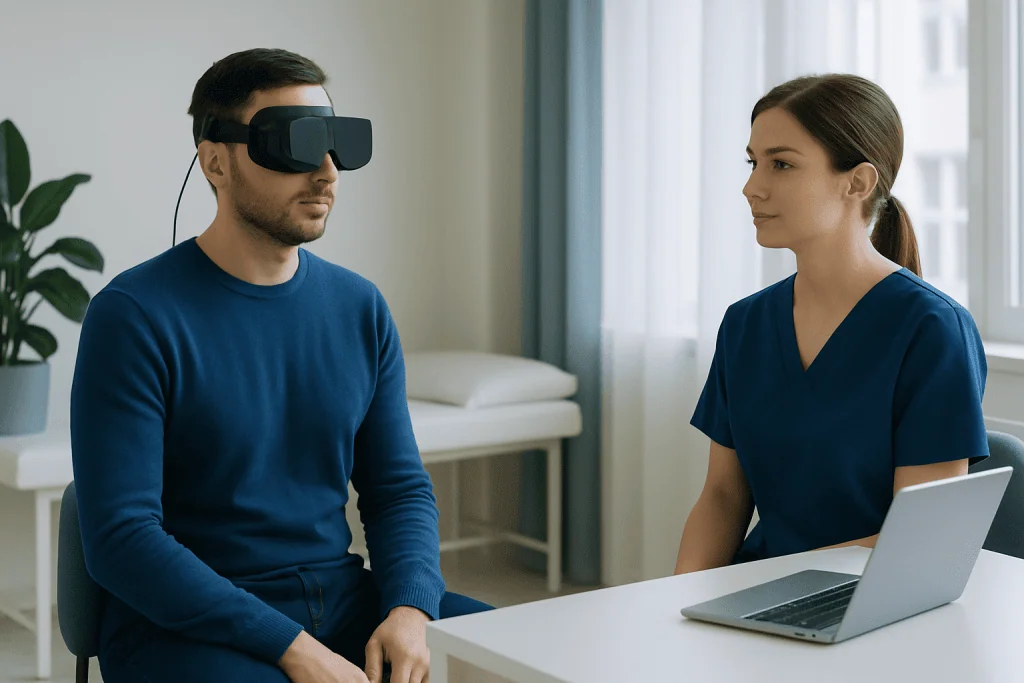 Patient using virtual reality headset during medical consultation at Acibadem Hospital.