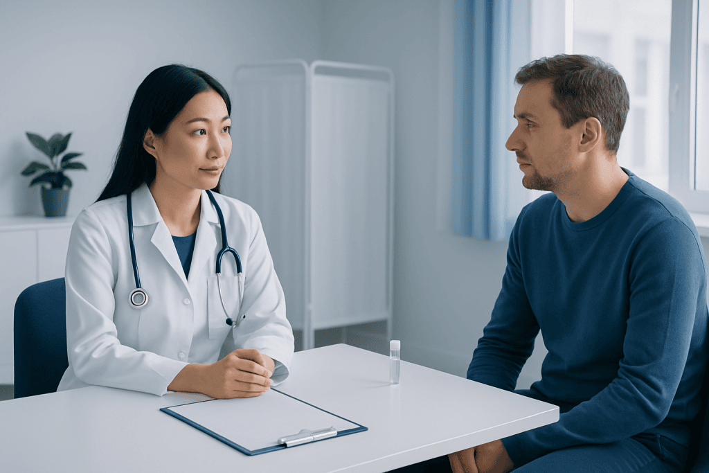 Doctor consulting with male patient in a medical office.