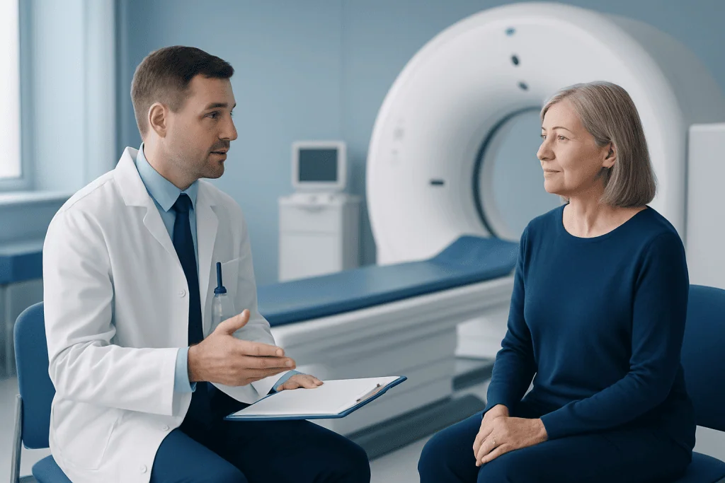 Doctor consulting with a patient in a hospital MRI room.