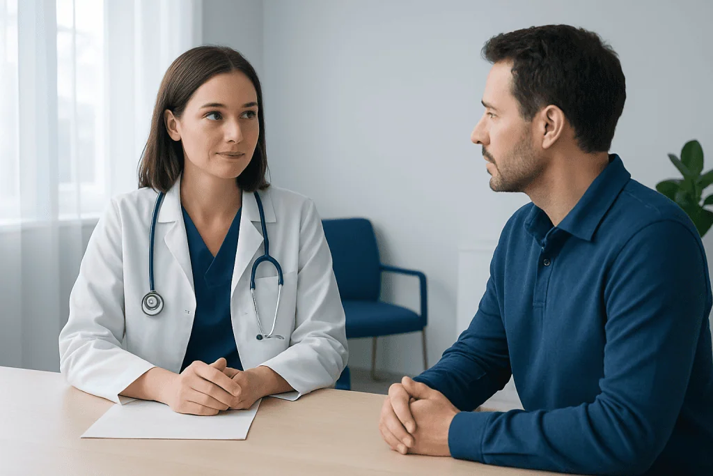 Doctor consulting with patient in a medical office at Acibadem Hospitals Group.