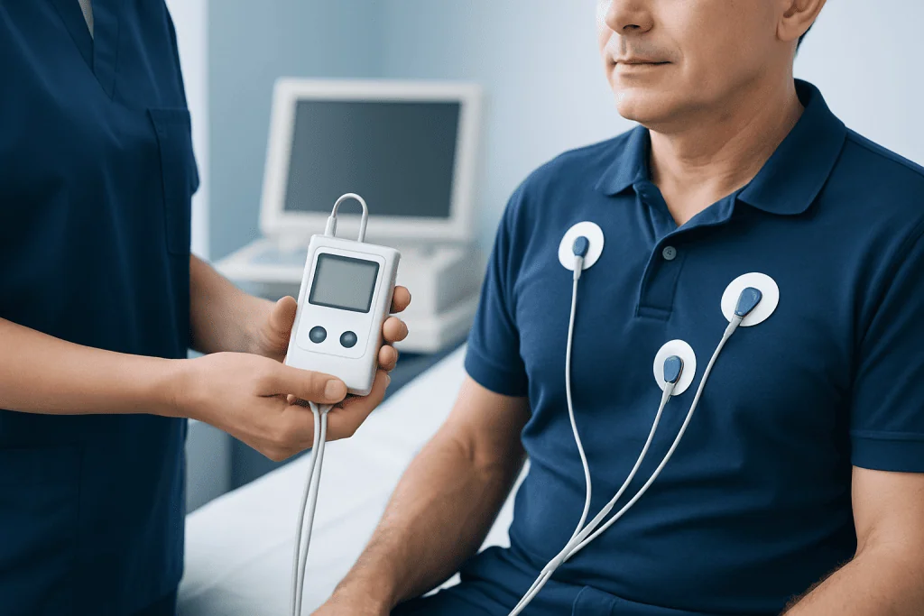 Patient undergoing Holter monitor test in a medical setting.