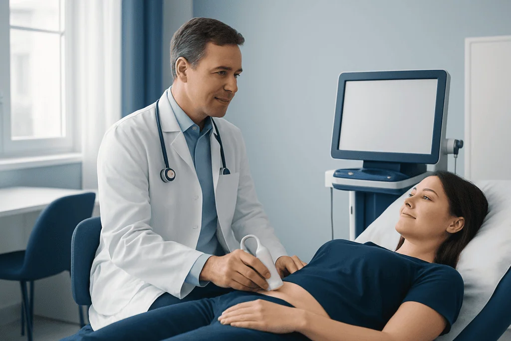 Doctor performing Fibroscan on female patient in hospital room.
