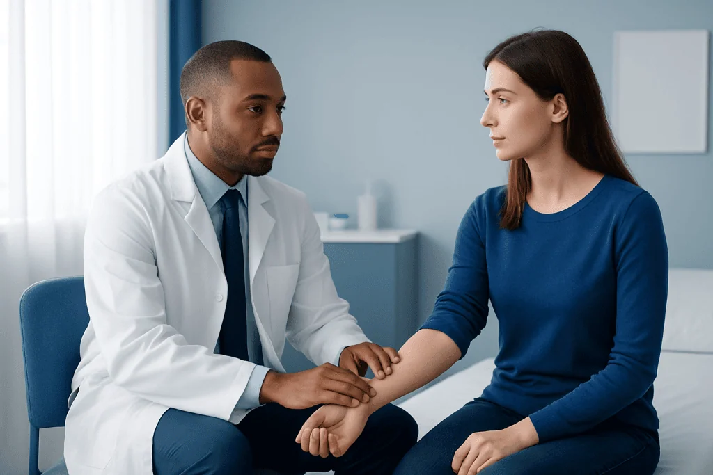 Doctor discussing allergy test results with patient in clinic.
