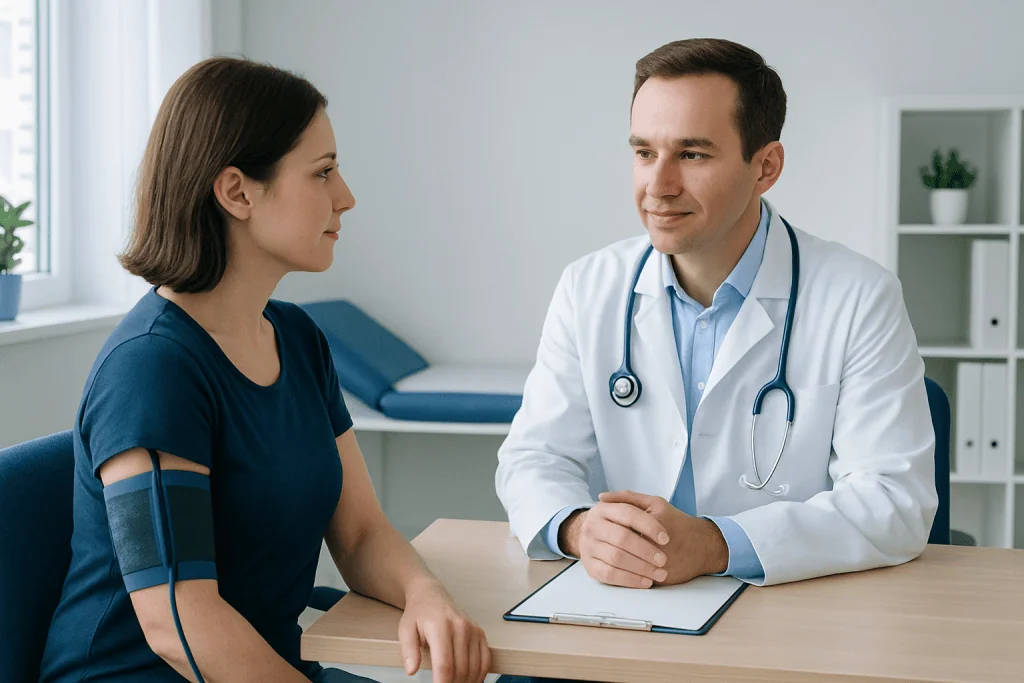 Doctor discussing blood pressure monitoring with patient in clinic.