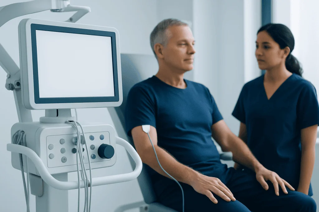 Patient undergoing a stress test with medical staff monitoring equipment.