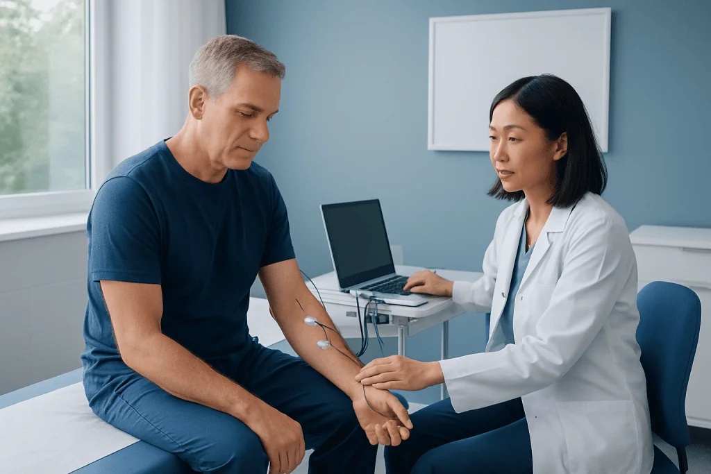 Doctor performs EMG test on patient in a clinical setting.