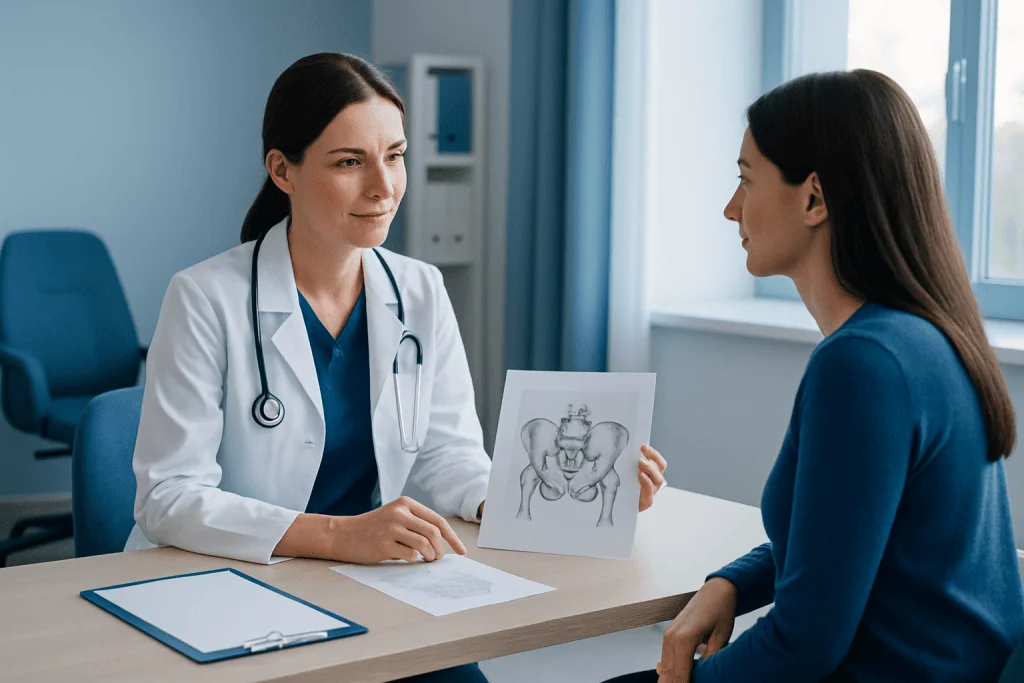 Doctor explaining sacral neuromodulation to patient with pelvic diagram.