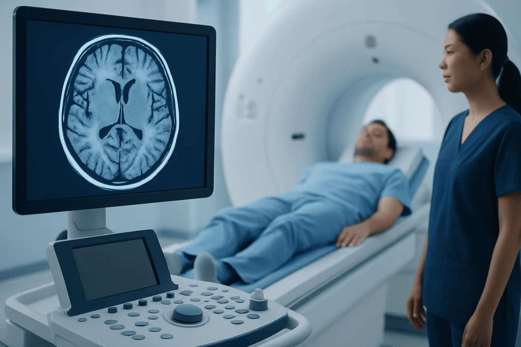 Brain MRI scan displayed on monitor in hospital setting with patient and nurse.