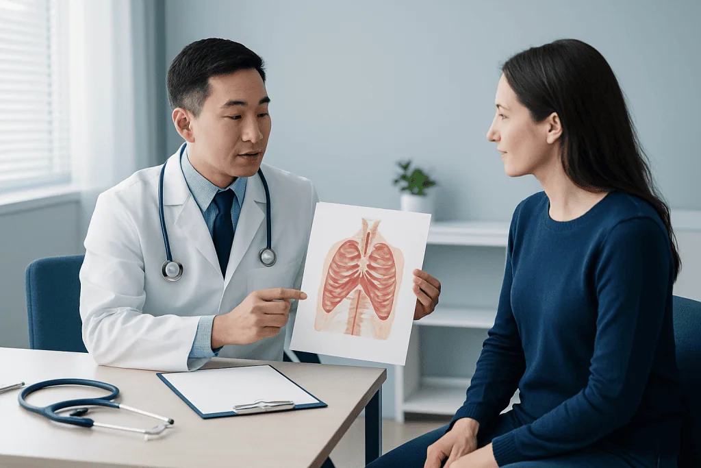 Doctor explaining lung anatomy to a patient in a consultation room.