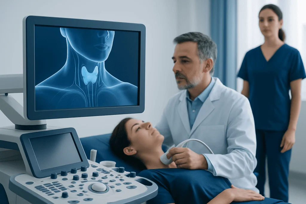 Endocrinologist explains thyroid ultrasound results to patient in hospital.