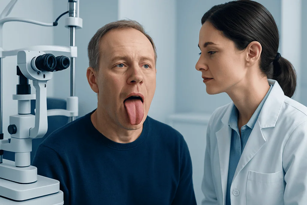 Doctor examines patient's tongue for signs of pernicious anemia.