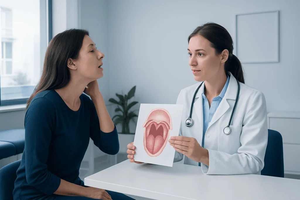 Doctor explains tonsil anatomy to patient during consultation at Acibadem Hospital.
