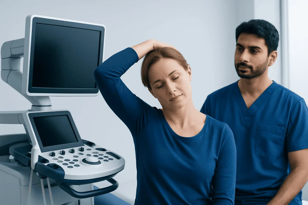 Patient experiencing neck pain during a medical examination at Acibadem Hospital.