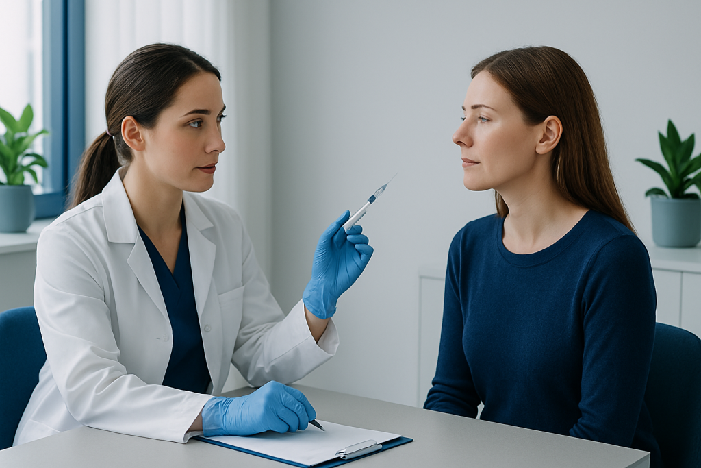 Medical professional preparing to give a patient an injection in a clinical setting.